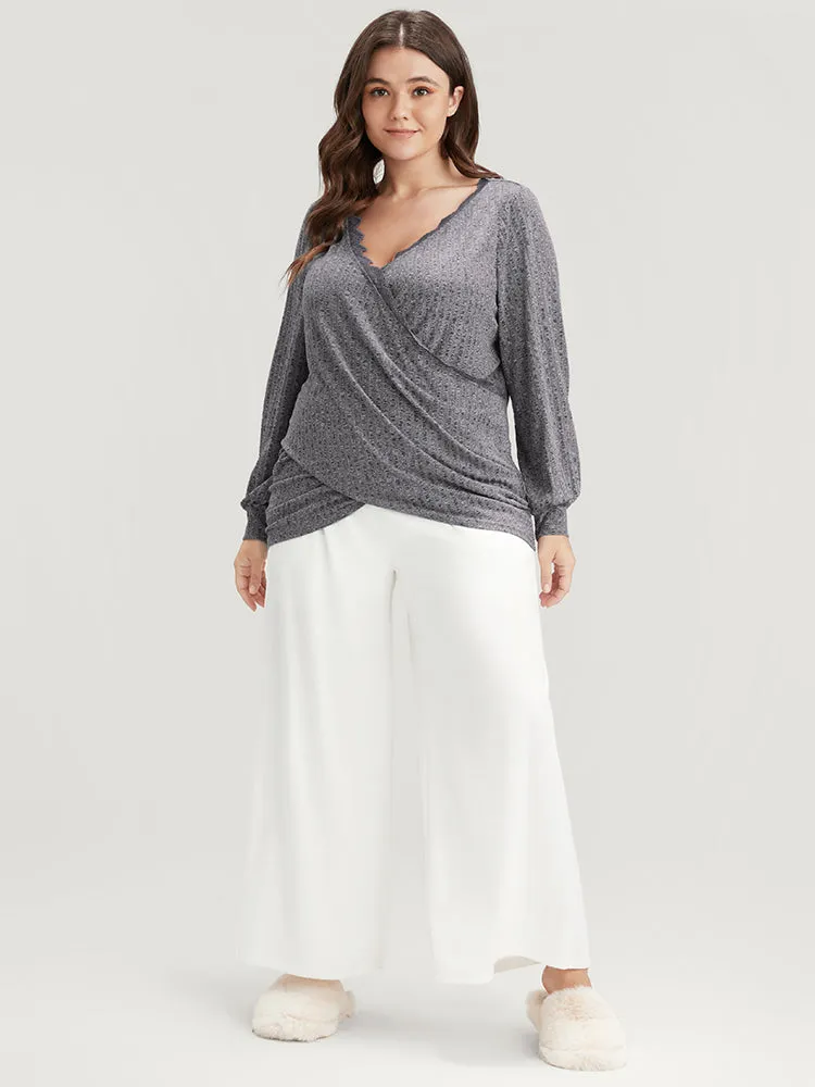 Solid Lace Trim Rib Knit Crossover Long Tee sold by Bloomchic product image thumbnail 3
