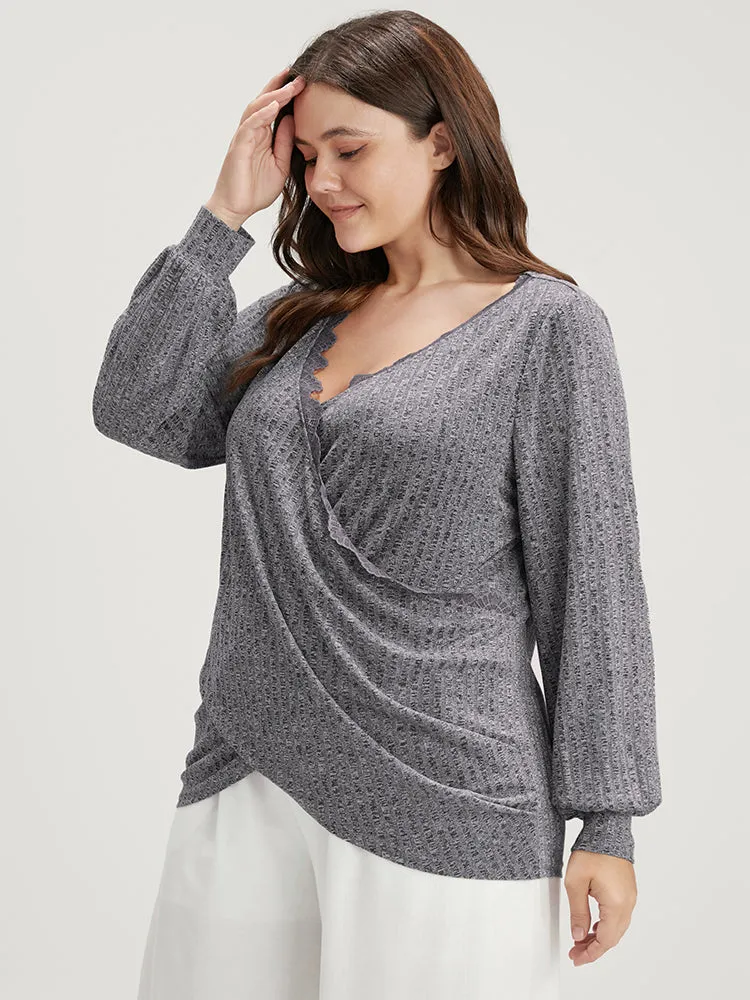 Solid Lace Trim Rib Knit Crossover Long Tee sold by Bloomchic product image thumbnail 4