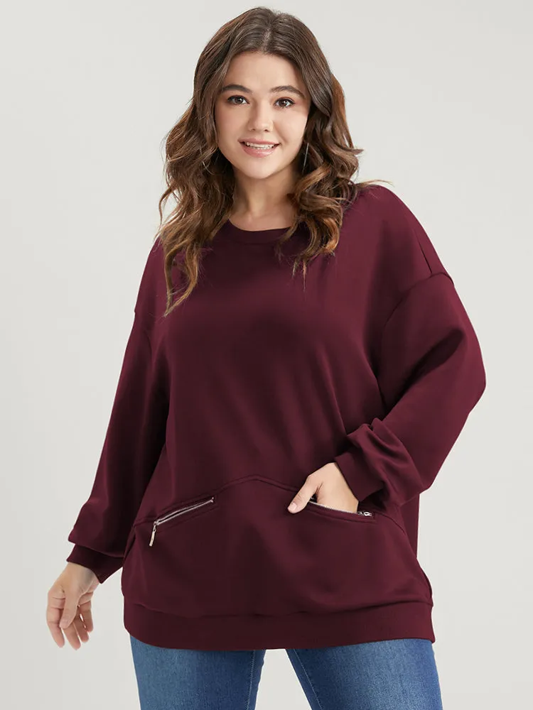 Solid Zipper Pocket Drop Shoulder Sweatshirt sold by Bloomchic