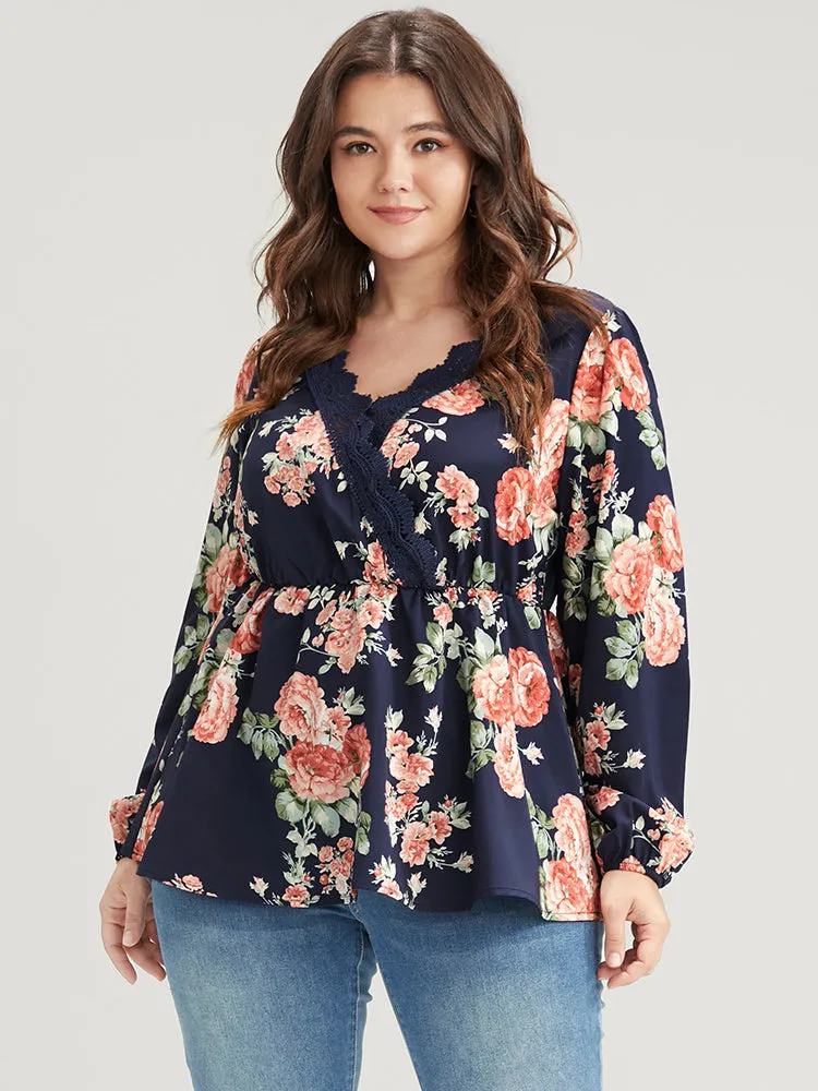 Floral Lace Trim Wrap Ruffle Hem Blouse sold by Bloomchic