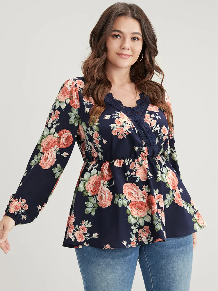 Floral Lace Trim Wrap Ruffle Hem Blouse sold by Bloomchic product image thumbnail 2