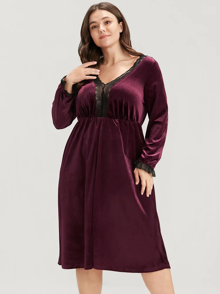 Solid V Neck Lace Velvet Night Dress sold by Bloomchic product image thumbnail 2