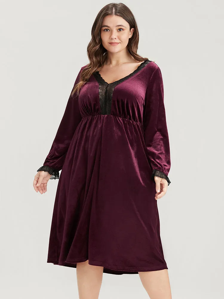 Solid V Neck Lace Velvet Night Dress sold by Bloomchic product image thumbnail 3