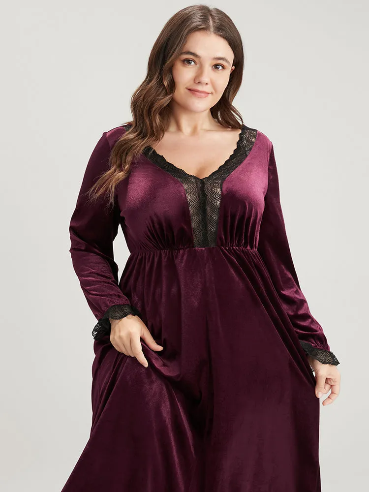 Solid V Neck Lace Velvet Night Dress sold by Bloomchic product image thumbnail 4