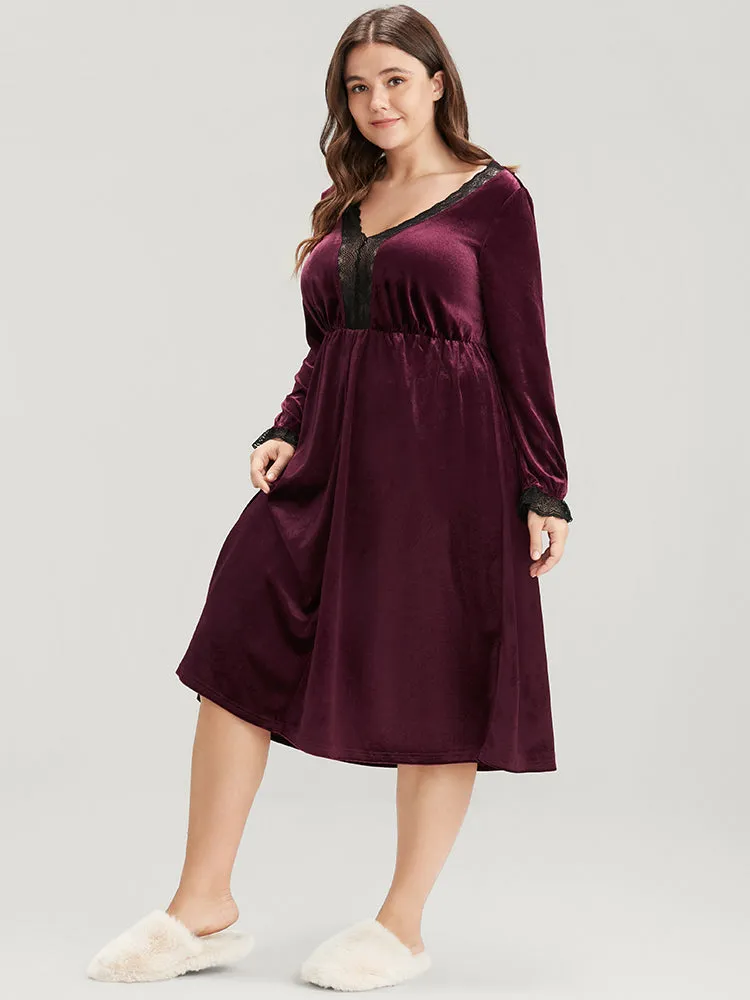 Solid V Neck Lace Velvet Night Dress sold by Bloomchic