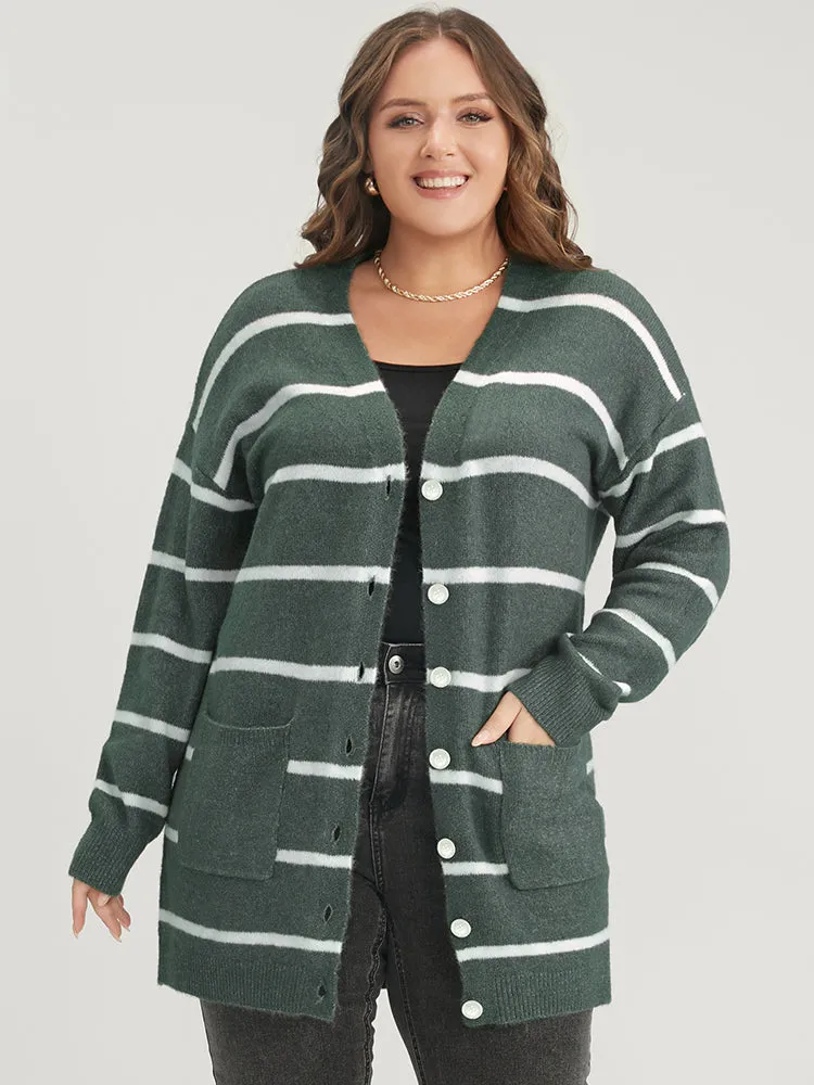 Striped Contrast Super Soft Plush Knit Pocket Button Front Cardigan sold by Bloomchic