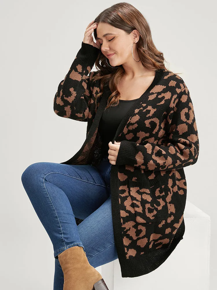 Leopard Pointelle Knit Jacquard Pocket Open Front Cardigan sold by Bloomchic product image thumbnail 2