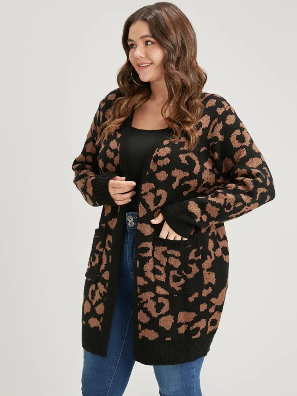 Leopard Pointelle Knit Jacquard Pocket Open Front Cardigan sold by Bloomchic