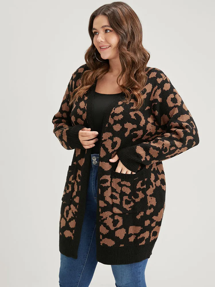 Leopard Pointelle Knit Jacquard Pocket Open Front Cardigan sold by Bloomchic