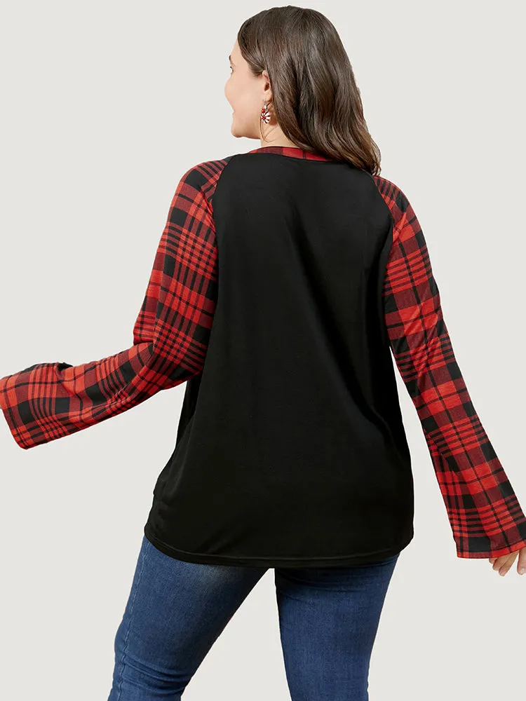 Plaid Patchwork Bell Sleeve Long Tee sold by Bloomchic product image thumbnail 5