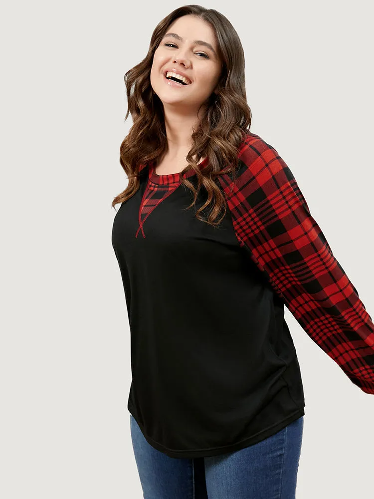 Plaid Patchwork Bell Sleeve Long Tee sold by Bloomchic product image thumbnail 4