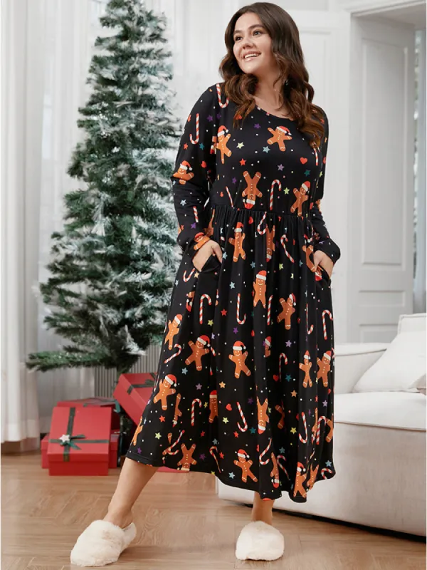 Gingerbread Man Print Pocket Flutter Hem Dress sold by Bloomchic