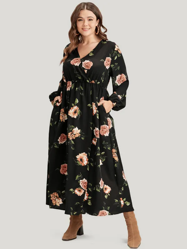 Floral Wrap Lantern Sleeve Pocket Split Dress sold by Bloomchic