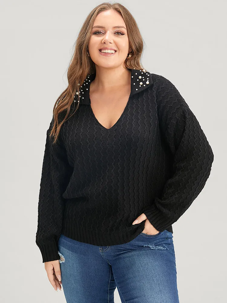 Solid Pointelle Knit Pearls Beaded Collar Neck Knit Top sold by Bloomchic product image thumbnail 3