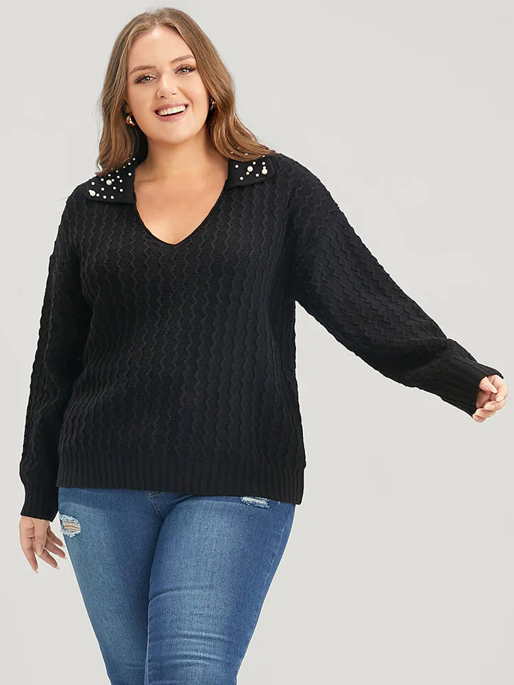 Solid Pointelle Knit Pearls Beaded Collar Neck Knit Top sold by Bloomchic product image thumbnail 4