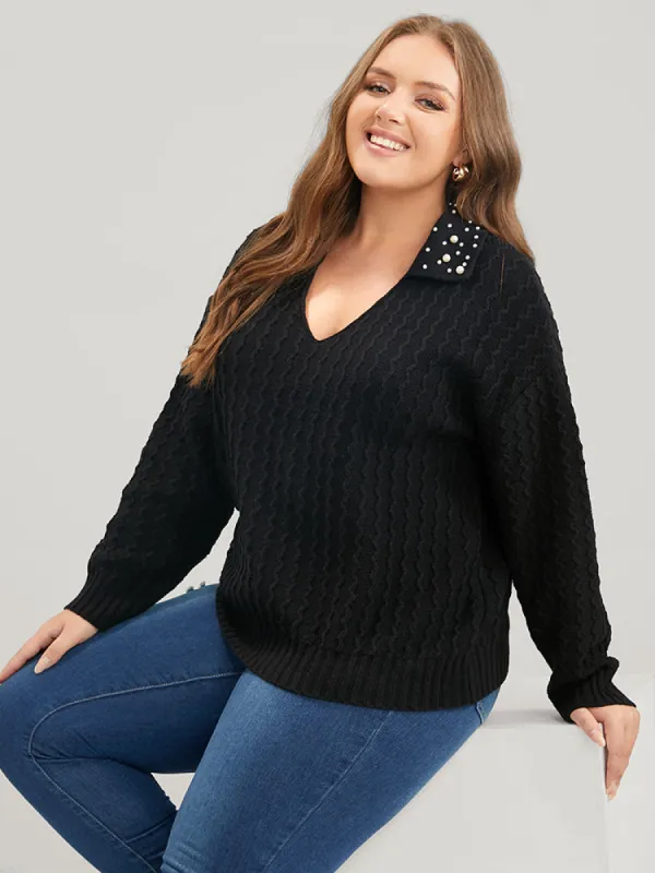 Solid Pointelle Knit Pearls Beaded Collar Neck Knit Top sold by Bloomchic