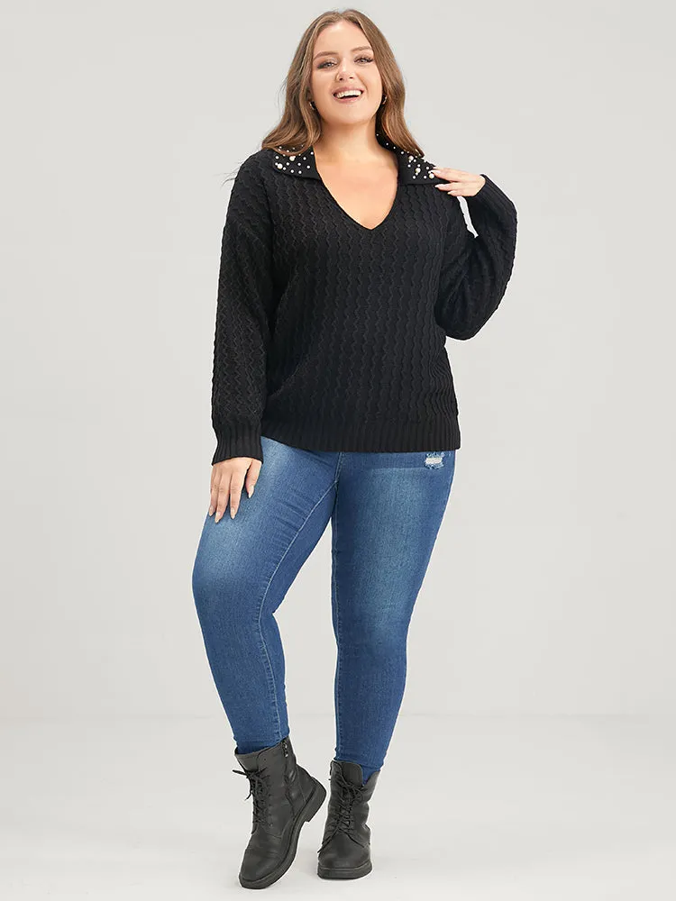 Solid Pointelle Knit Pearls Beaded Collar Neck Knit Top sold by Bloomchic product image thumbnail 5