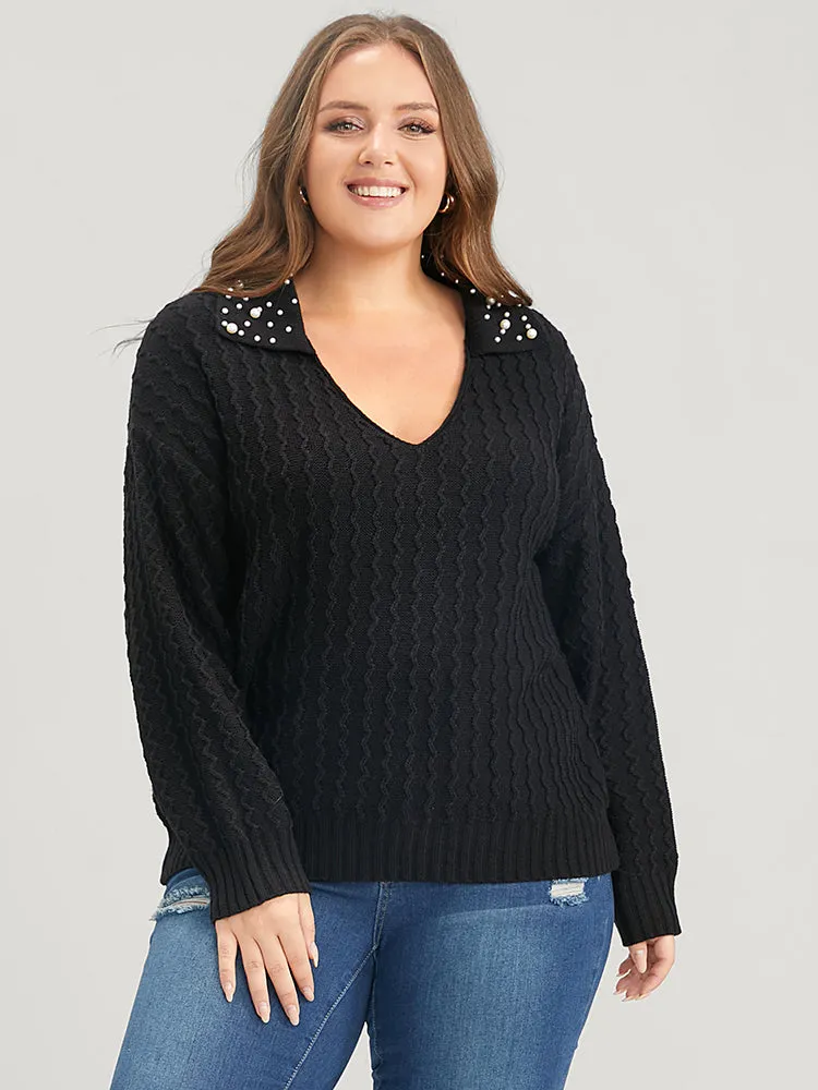 Solid Pointelle Knit Pearls Beaded Collar Neck Knit Top sold by Bloomchic product image thumbnail 2