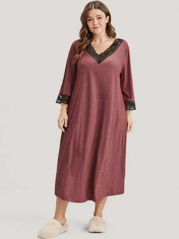 Solid V Neck Lace Trim Sleep Dress sold by Bloomchic