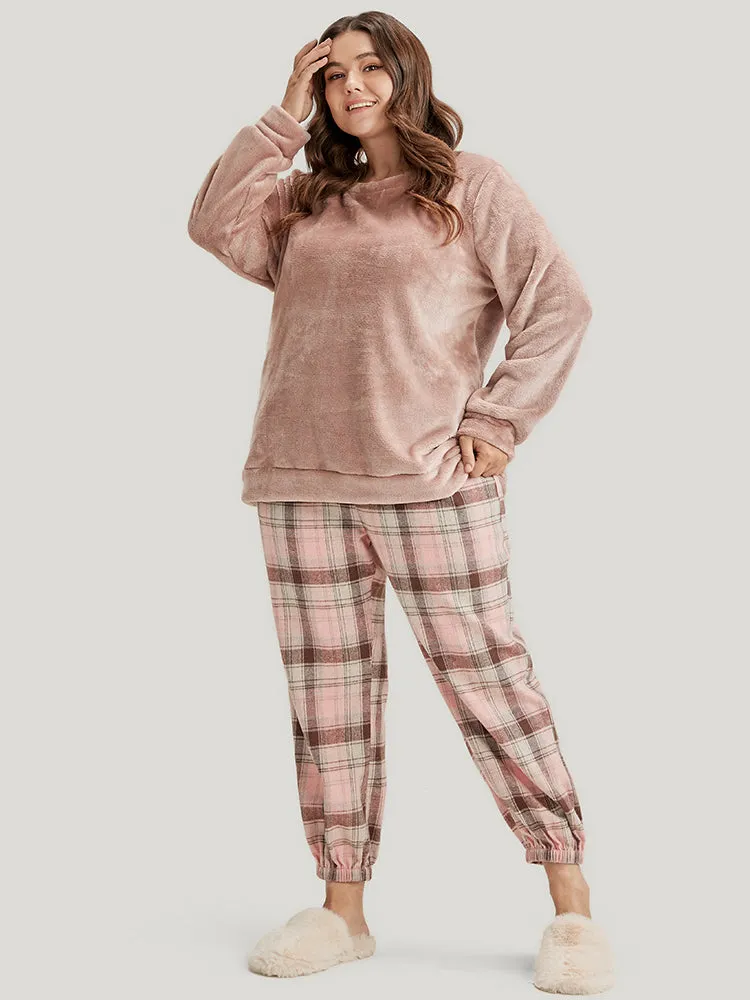 Solid Flannel Round Neck Plaid Pajama Set sold by Bloomchic product image thumbnail 3