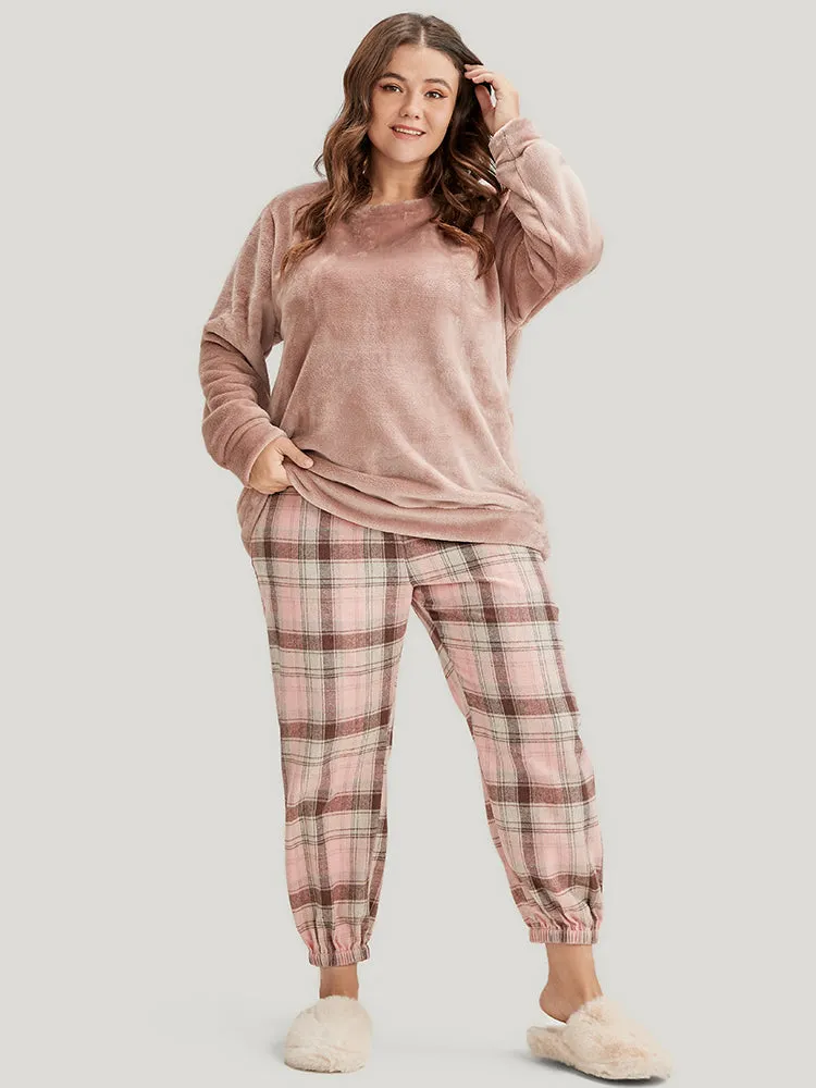 Solid Flannel Round Neck Plaid Pajama Set sold by Bloomchic