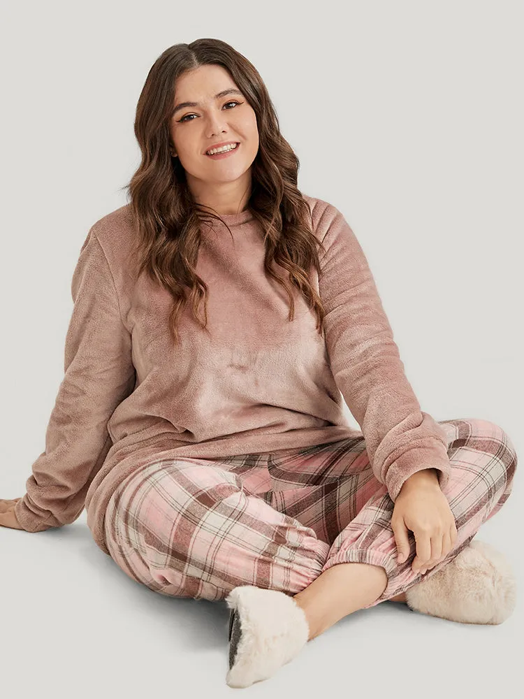 Solid Flannel Round Neck Plaid Pajama Set sold by Bloomchic product image thumbnail 5