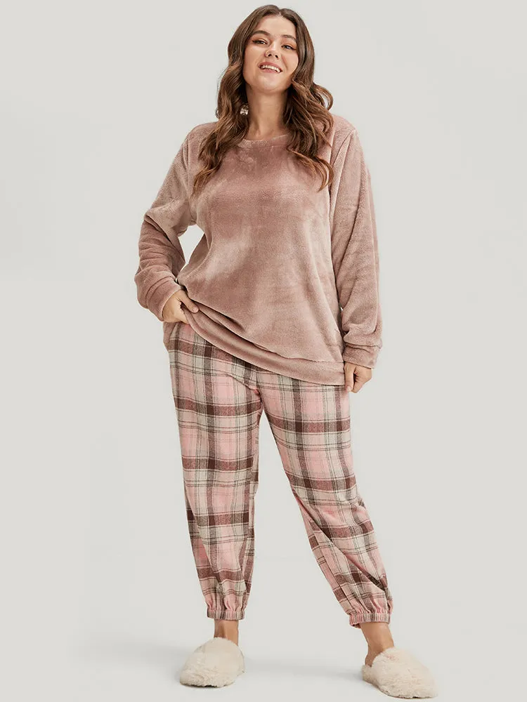 Solid Flannel Round Neck Plaid Pajama Set sold by Bloomchic product image thumbnail 2