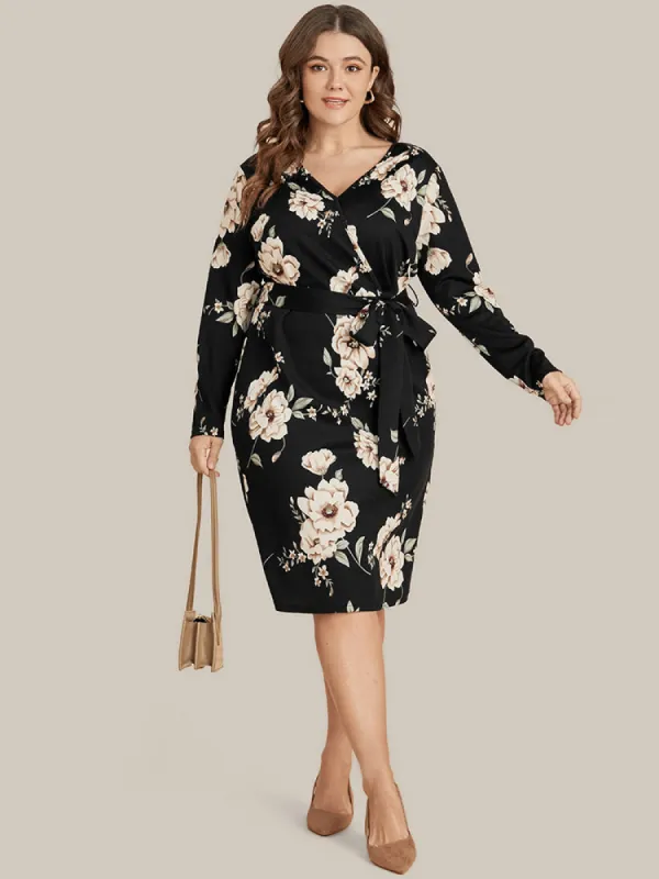 Floral Print Belted Surplice Neck Knee Dress sold by Bloomchic