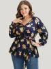 Floral Shirred Lantern Sleeve Belted Wrap Blouse sold by Bloomchic