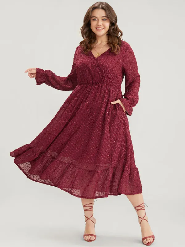 Solid Wrap Mesh Textured Pocket Lantern Sleeve Flutter Dress sold by Bloomchic