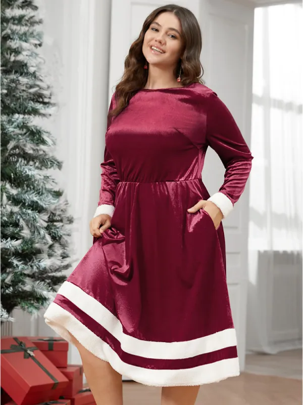Solid Contrast Fuzzy Trim Pocket Velvet Dress sold by Bloomchic
