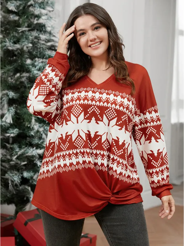 Snowflake Print Twist Front Sweatshirt sold by Bloomchic