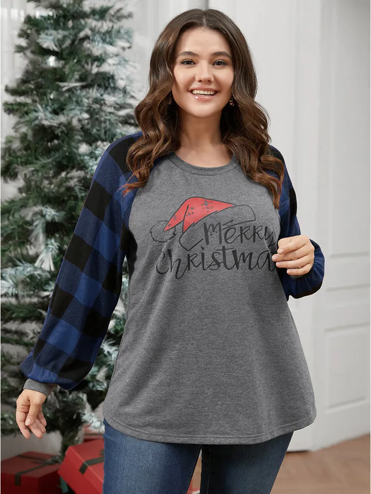 Letter Print Round Neck Plaid Long Tee sold by Bloomchic