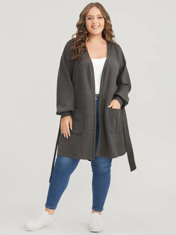 Solid Pocket Belted Open Front Heather Coat sold by Bloomchic