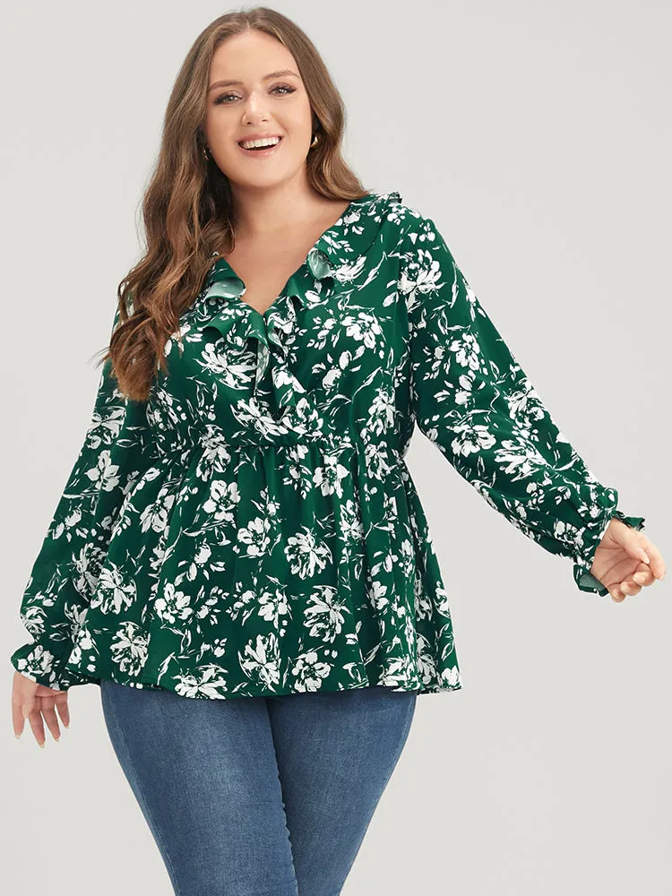 Floral Ruffles Trim Lantern Sleeve Blouse sold by Bloomchic