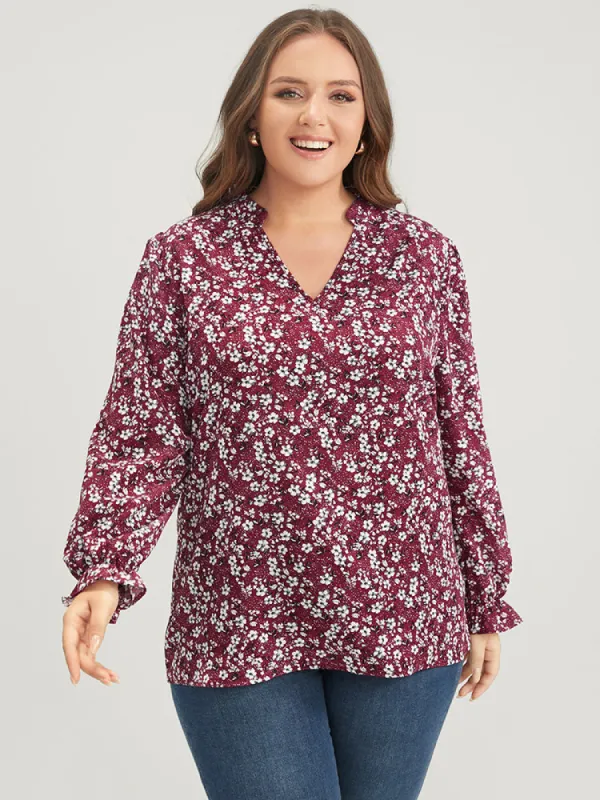 Floral Lantern Sleeve Arc Hem V Neck Blouse sold by Bloomchic