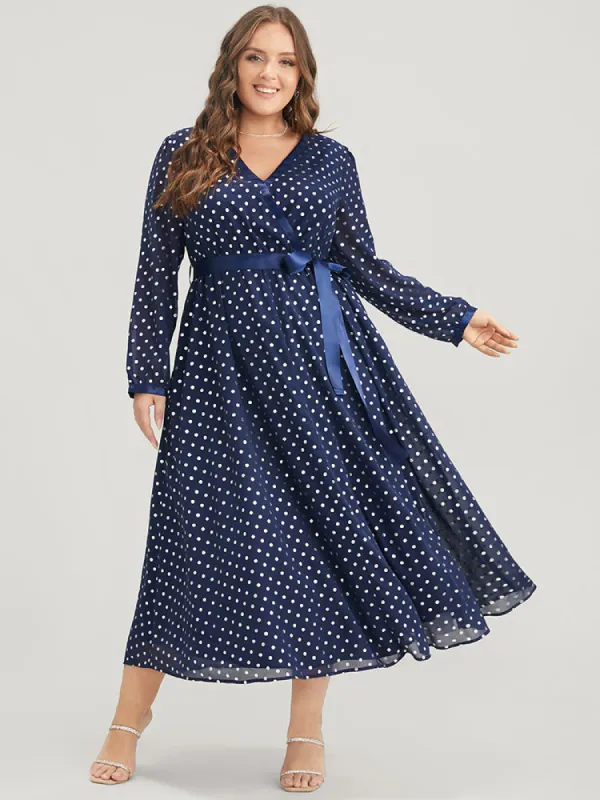 Polka Dot Wrap Lantern Sleeve Flutter Midi Dress sold by Bloomchic