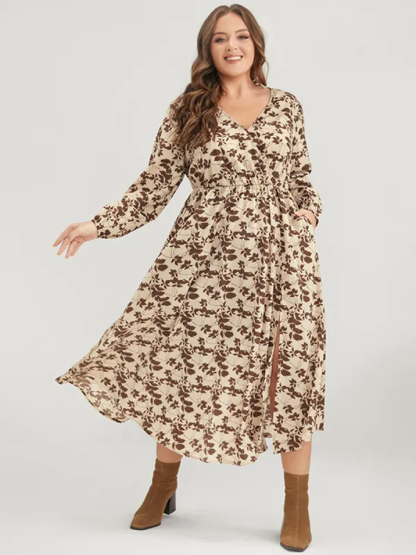 Plant Print Pocket Lantern Sleeve Split Midi Dress sold by Bloomchic
