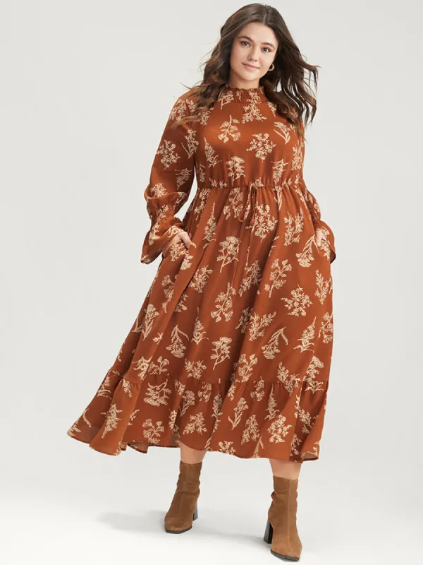 Floral Pocket Lantern Sleeve Shirred Mock Neck Dress sold by Bloomchic