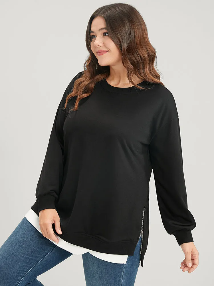 Solid Contrast Zipper Side Lantern Sleeve Sweatshirt sold by Bloomchic product image thumbnail 2
