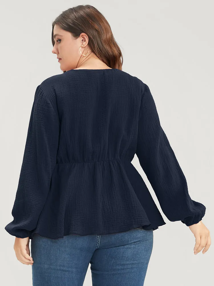 Solid Lantern Sleeve Asymmetrical Hem Wrap Blouse sold by Bloomchic product image thumbnail 2
