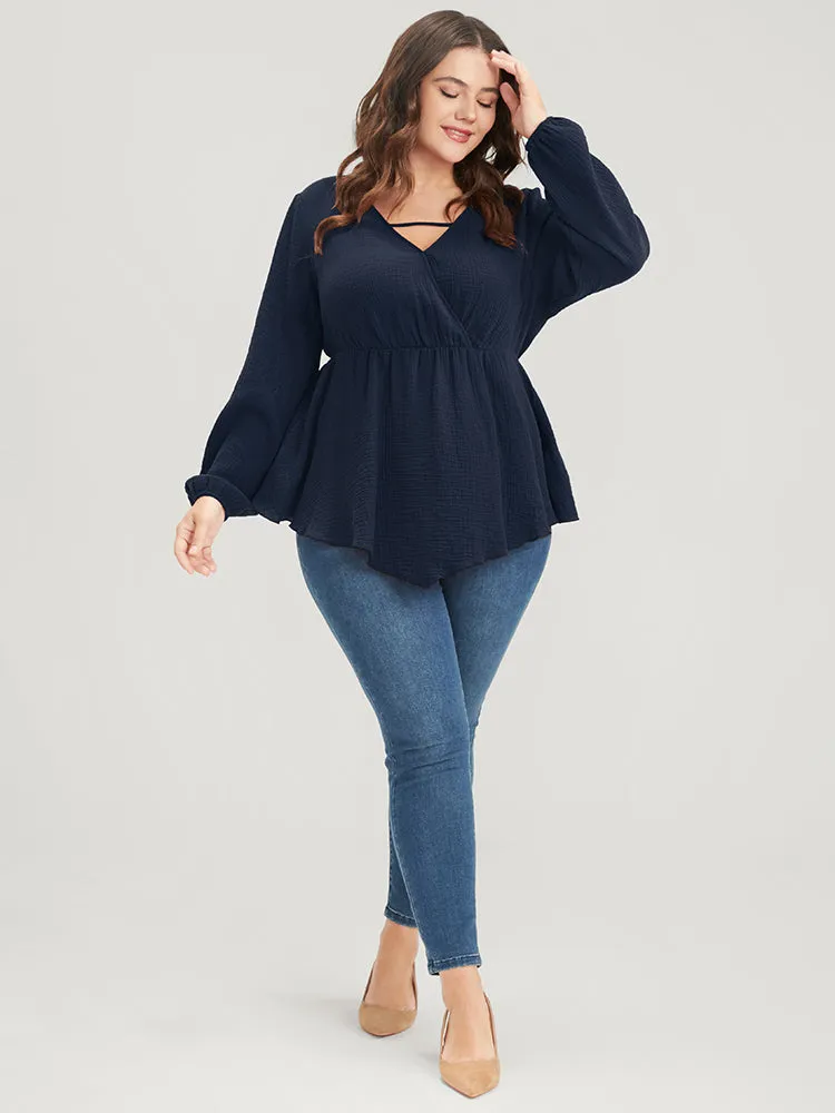 Solid Lantern Sleeve Asymmetrical Hem Wrap Blouse sold by Bloomchic product image thumbnail 3