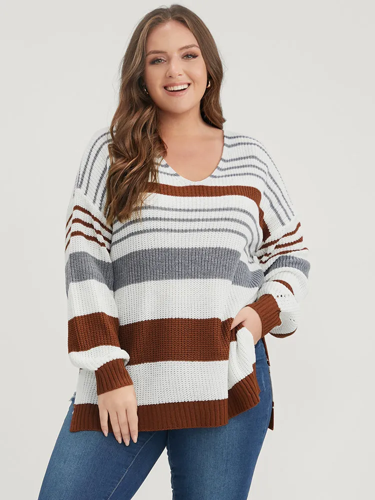 Striped Contrast Pointelle Knit Split Hem Knit Top sold by Bloomchic