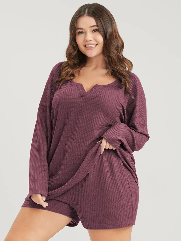 Solid Notched Waffle Knit Pajama Set sold by Bloomchic