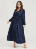 Solid Lantern Sleeve Pocket Frill Trim Wrap Belted Dress sold by Bloomchic