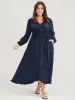 Solid Lantern Sleeve Pocket Frill Trim Wrap Belted Dress sold by Bloomchic