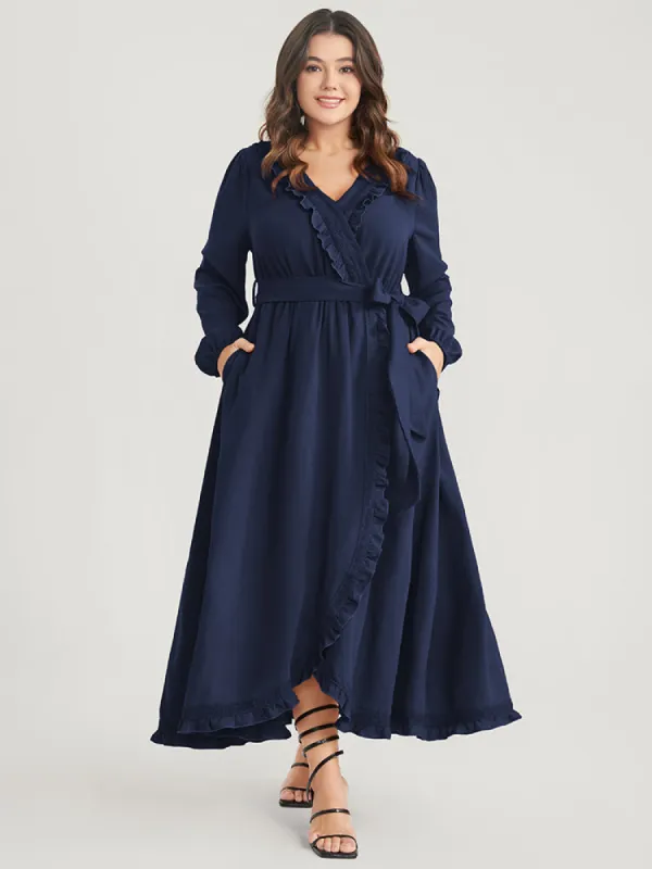 Solid Lantern Sleeve Pocket Frill Trim Wrap Belted Dress sold by Bloomchic