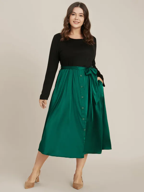 Solid Round Neck Pocket Button Detail Belted Satin Dress made by Bloomchic