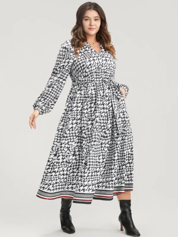 Houndstooth Print Pocket Lantern Sleeve Belted Dress sold by Bloomchic