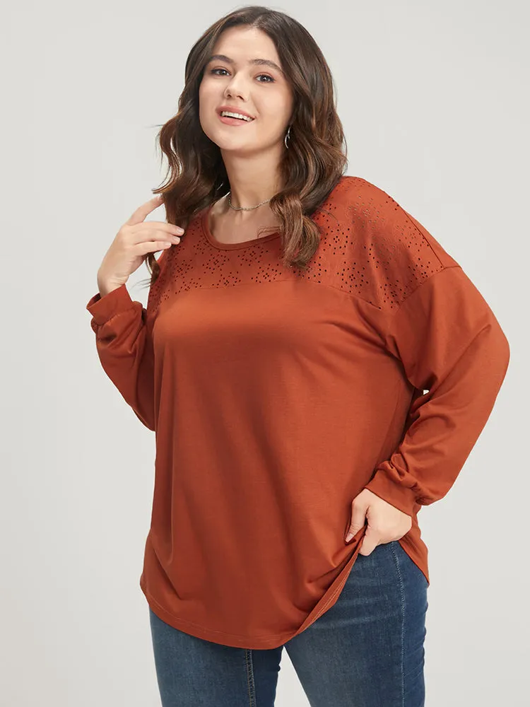 Solid Round Neck Eyelet Insert Long Tee sold by Bloomchic